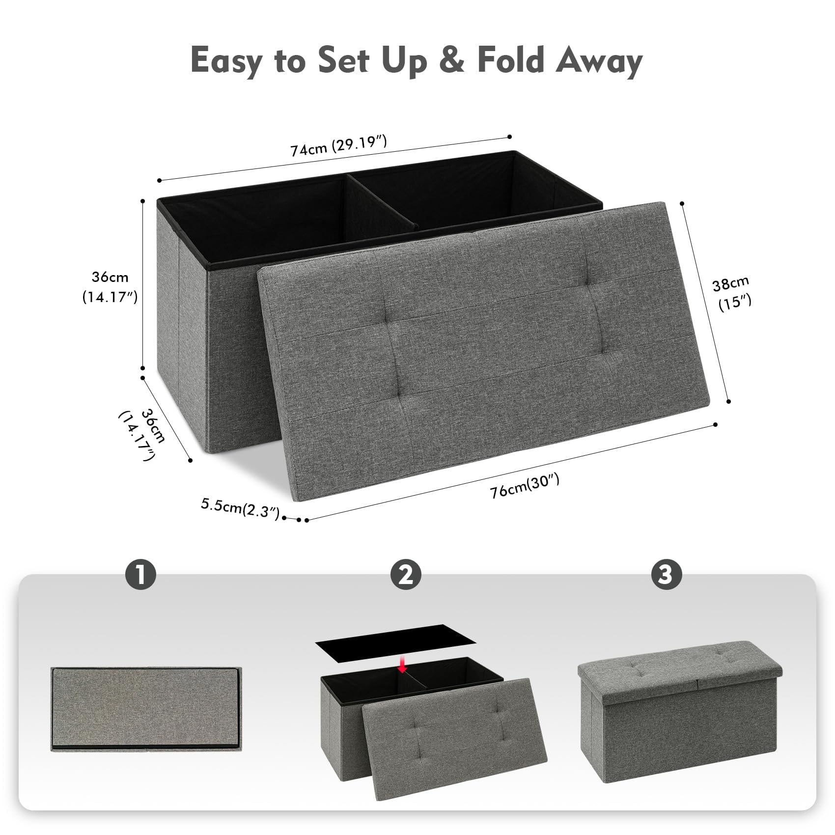 Bonlife Storage Ottoman with Flipping Lid Foldable Shoe Bench Footstool Stool or Sitting Box for Living Room 76.5x38x38cm (Linen-Gray, L)