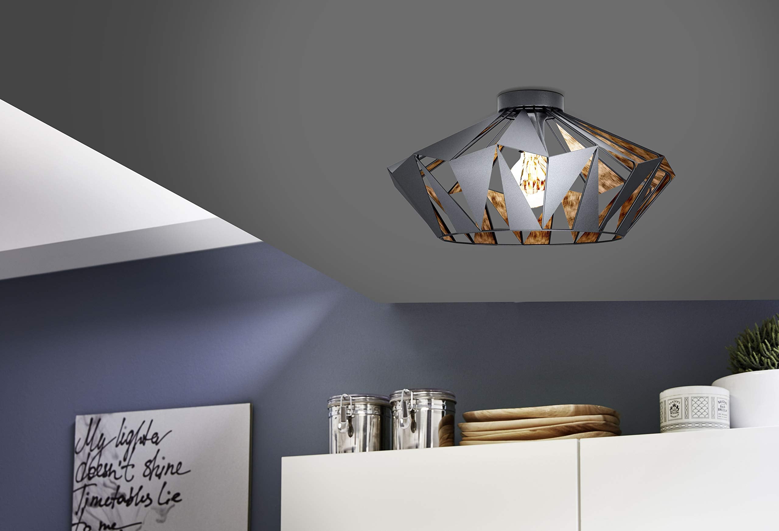 Eglo Flush Ceiling Light Carlton6, Vintage, Industrial and Retro Design, Living Room, Kitchen and Hallway lamp, Black Steel and Copper, E27 Socket