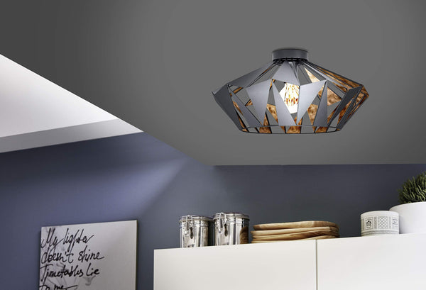 Eglo Flush Ceiling Light Carlton6, Vintage, Industrial and Retro Design, Living Room, Kitchen and Hallway lamp, Black Steel and Copper, E27 Socket