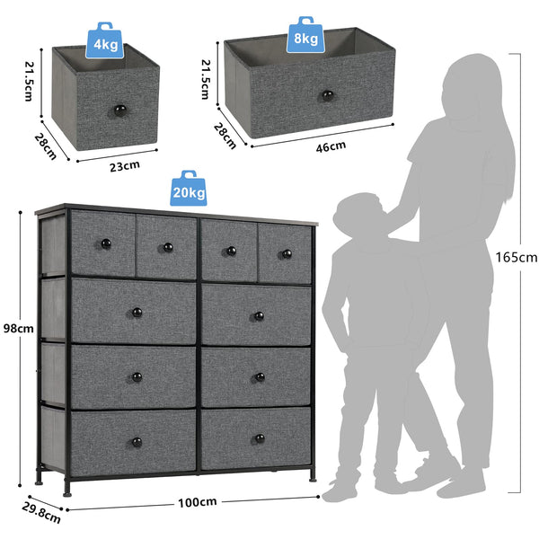 LYNCOHOME Chest of Drawers Bedroom Furniture with 10 Drawers,Storage Organiser for Hallway, Living room, Kids room, Closet,Cold Gray