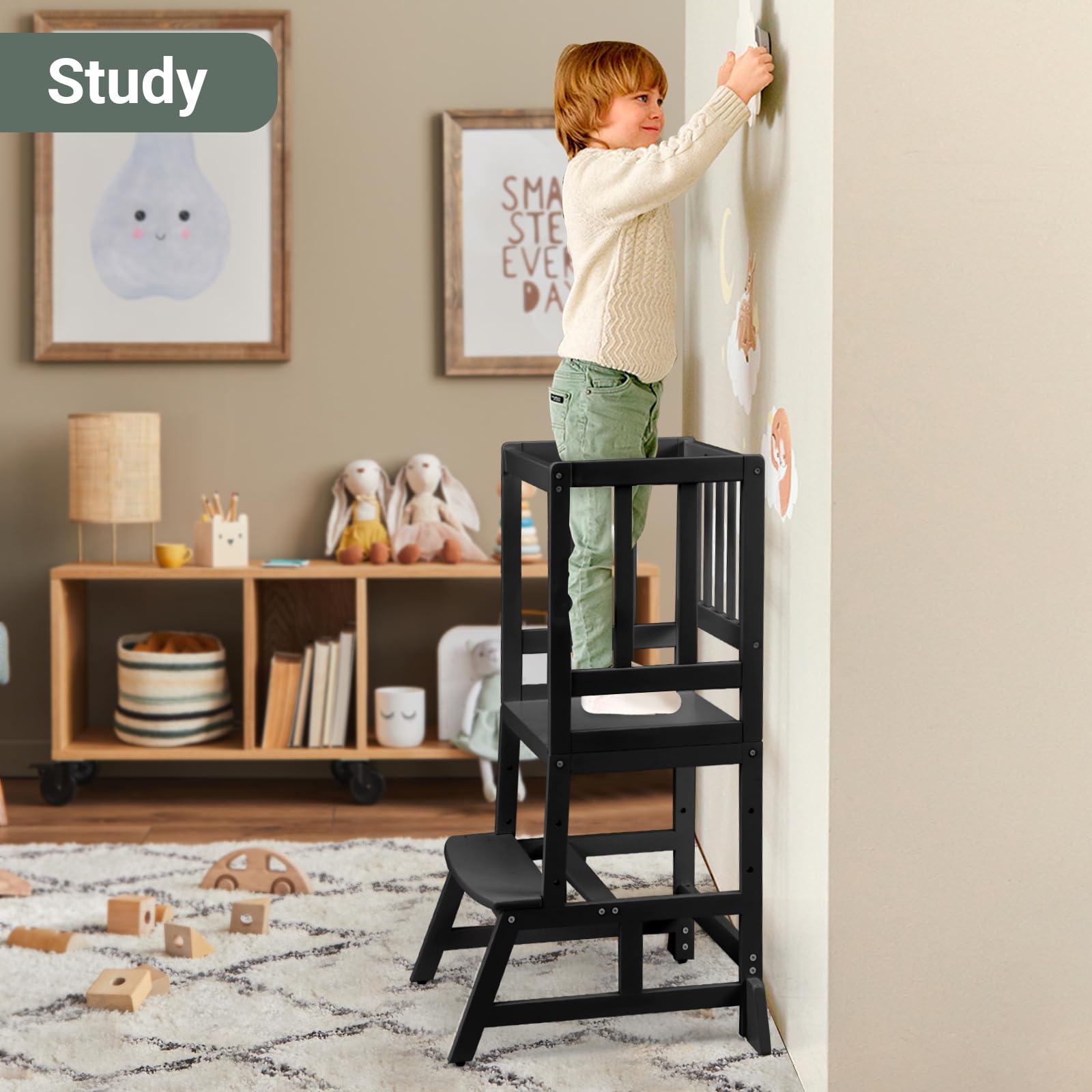 COSYLAND Height Adjustable Kids Kitchen Step Stool with Anti-tip Support Corners - Kids Standing Tower for Kitchen Counter, Bathroom, Nursery (Black)