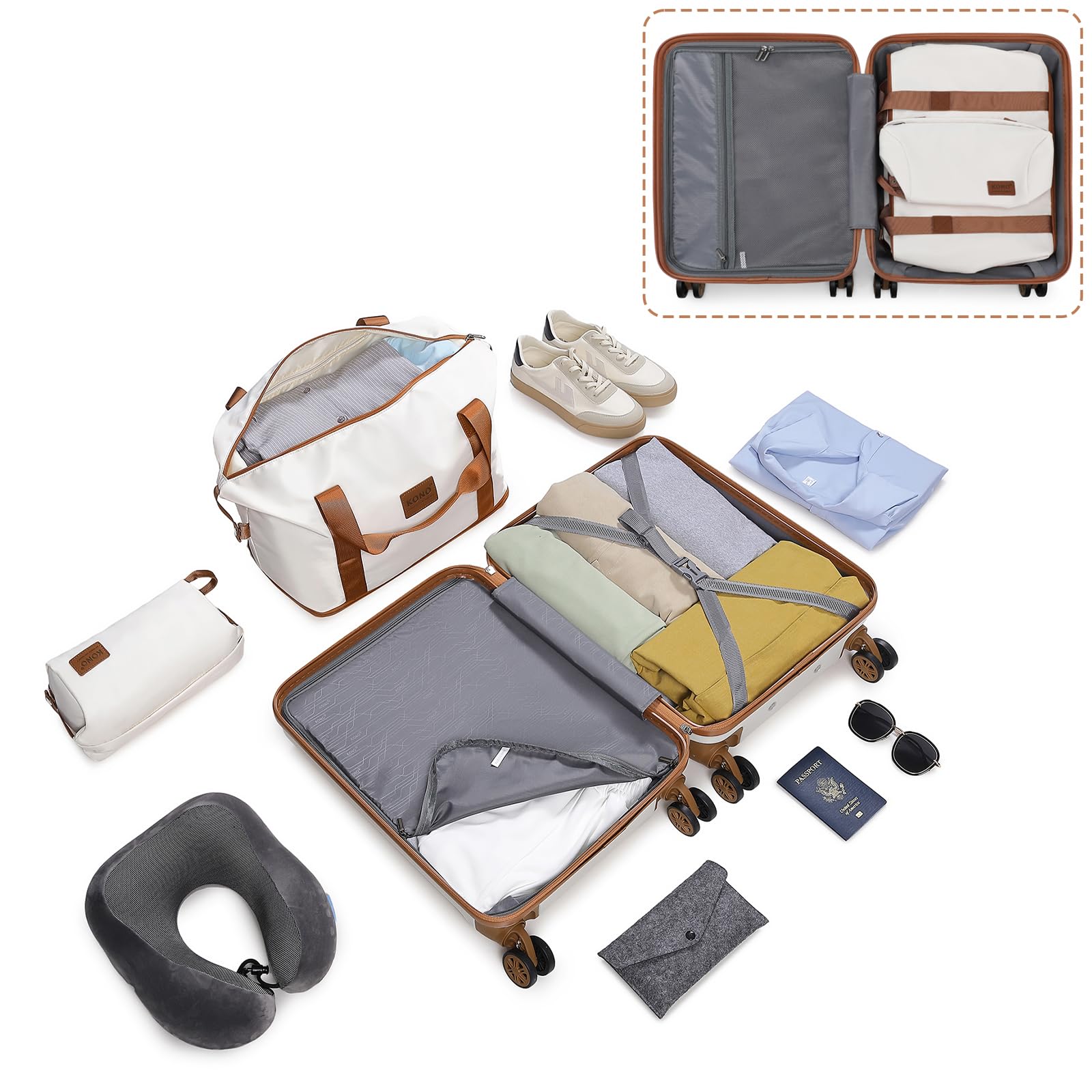 Kono Travel Luggage Sets of 6 Piece Lightweight ABS Hard Shell Trolley Case with TSA Combination Lock 20" 24" 28" Suitcase + 12" Beauty Case + Duffel Bag & Toiletry Bag (Cream White)