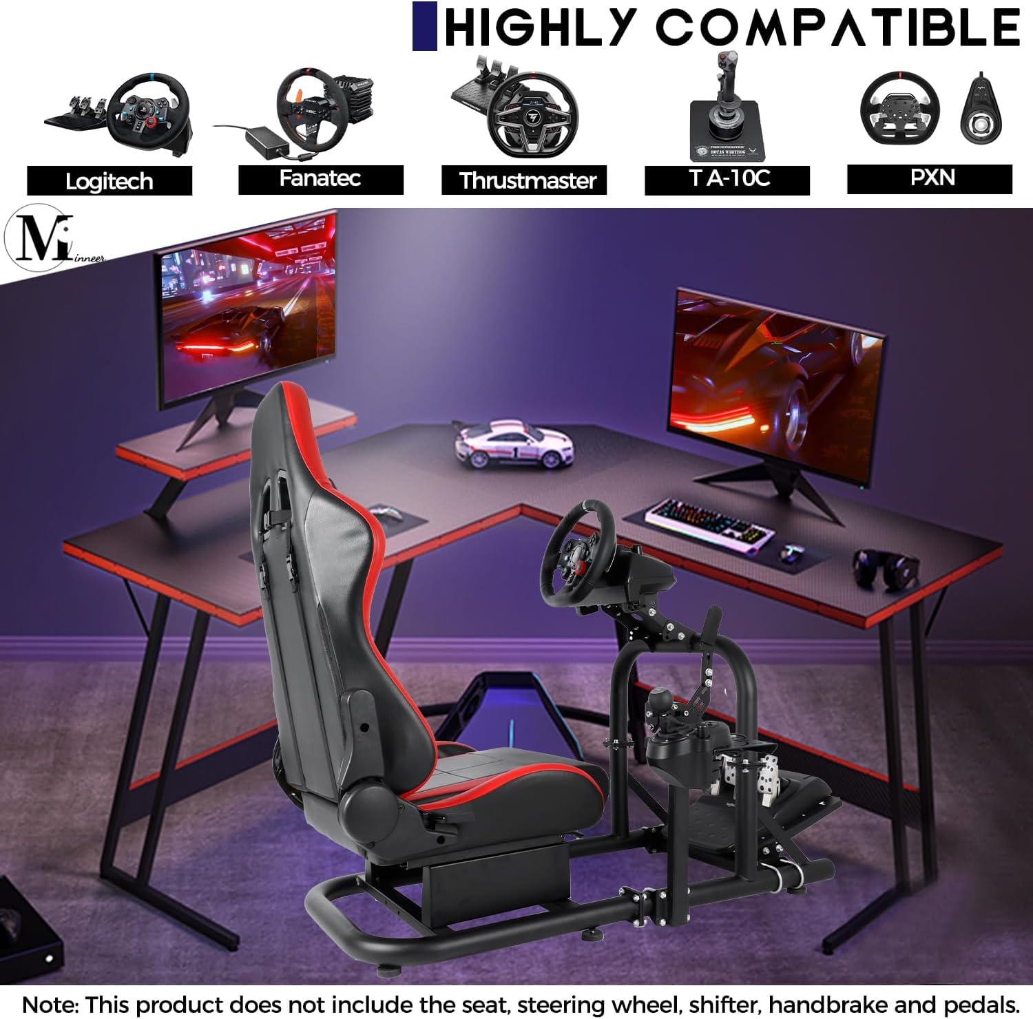 Minneer Flight Racing Simulator Cockpit with Gaming Seat(Red) for Logitech Thrustmaster Fanatec G29 G920 G923 Racing wheel, Enhanced Round Tube Steering Wheel Stand Not Included Wheel Pedal Handbrake
