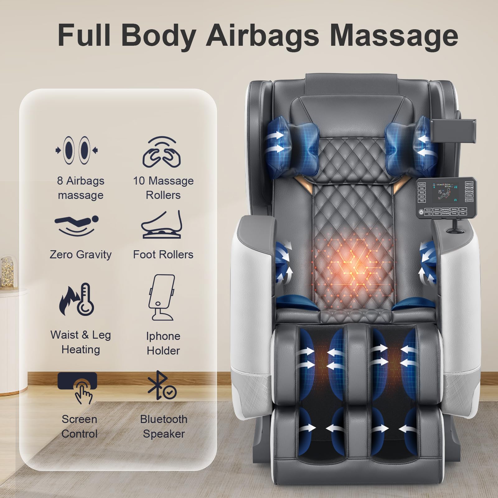 2025 Upgrade Massage Chair, Full Body Massage Chair with 10 Fix Points, Heating, Foot Massage, Auto Modes, Bluetooth Speaker, Touch Screen Controller, Zero Gravity Home Office