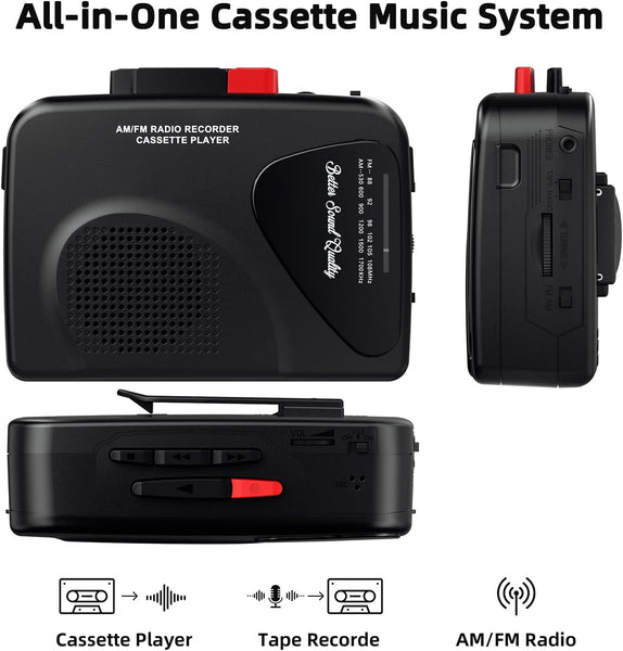 Walkmaner Cassette Player/Recorder, Am/FM Radio, Portable Cassette Player, Cassette Recording, Built-in Speakers, Manual Recording, T201 (Black)