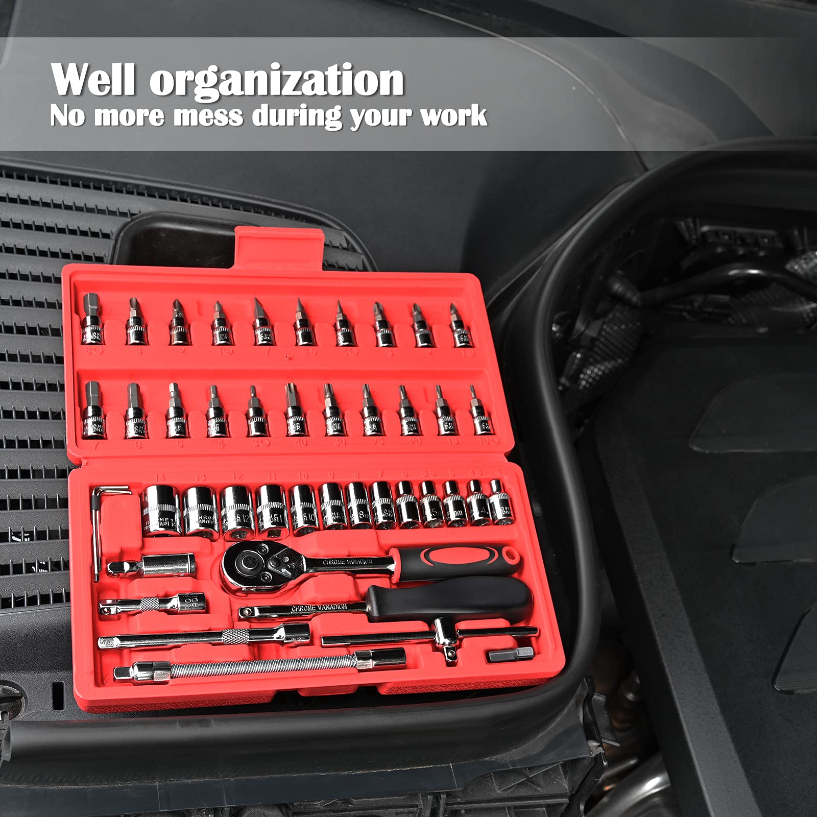 EGOFINE 46 Pieces 1/4" Drive Socket Set&Tool Sets, Ratchet Wrench Set with Bit Socket Set Metric and Extension Bar for DIY, Car Repair and Household with Storage Case