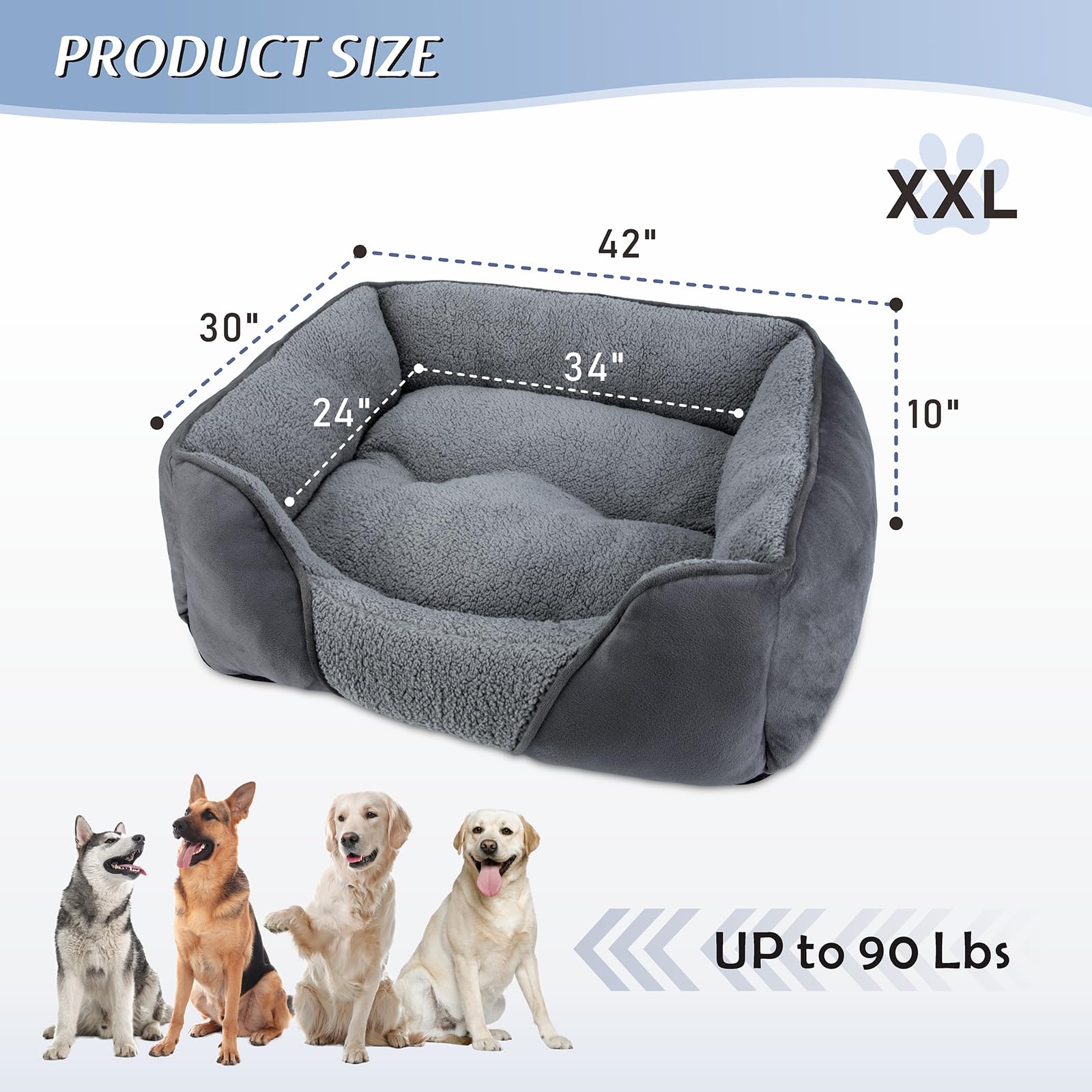 MIXJOY Large Dog Bed Washable, Grey Dog Bed Puppy Beds Orthopedic Pet Bed with Anti-Slip Bottom, Low Front Edge Dog Bed for Border Collie, Golden Retriever, French Bulldog, 76×61×23 cm