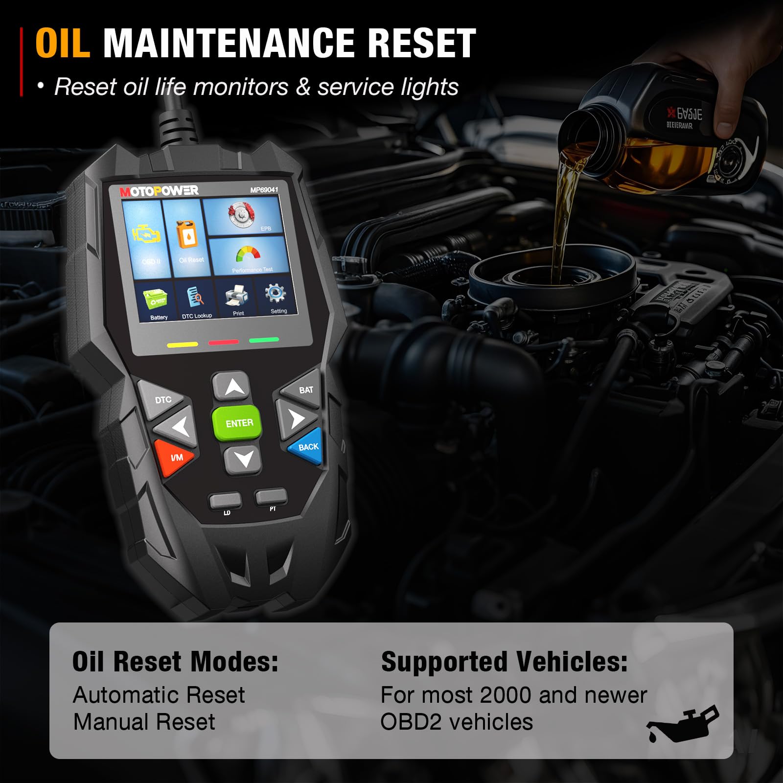 MOTOPOWER MP69041 5 in 1 Car OBD2 Scanner Check Engine Fault Code Reader Diagnostic Scan Tool, Oil Maintenance Reset, EPB Reset, Battery Test, Performance Test