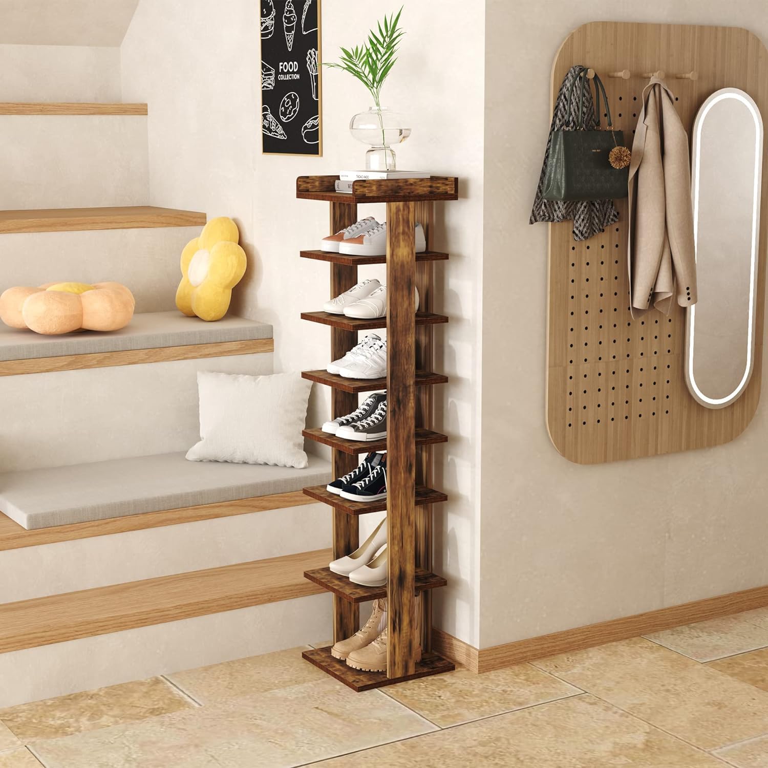 HOME BI 7-Tier Narrow Shoe Rack,Corner Shoe Tower, Slim Shoe Organizer, Wooden Shoe Storage Stand for Entryway, Hallway, Closet, Rustic Brown