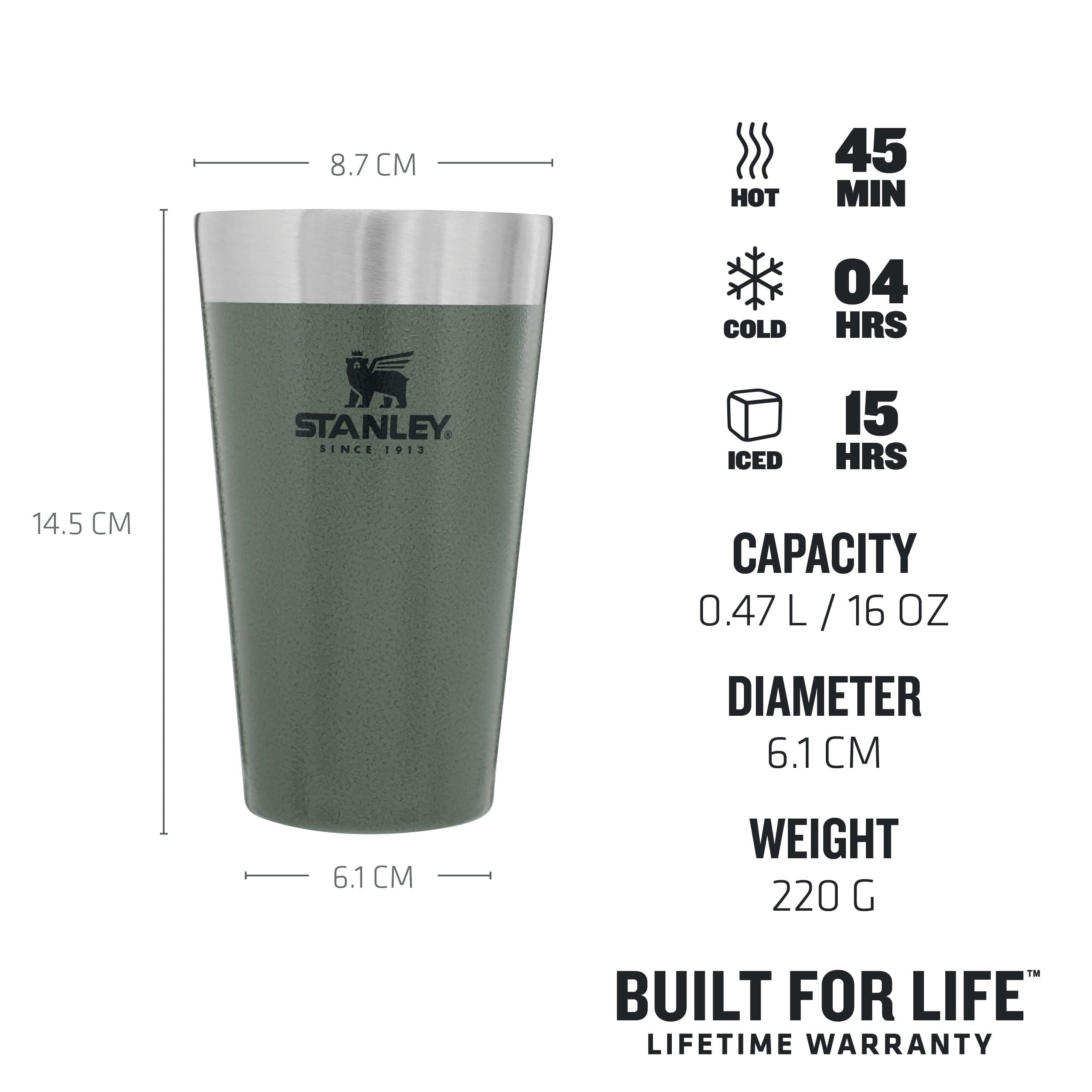 Stanley Adventure Stacking Beer Pint 0.47L - Travel Mug Keeps Drinks Cold For 4 Hours - Stainless Steel Thermal Cup - Stacks Infinitely - Double Wall Vacuum Insulation - Dishwasher Safe - Matte Black