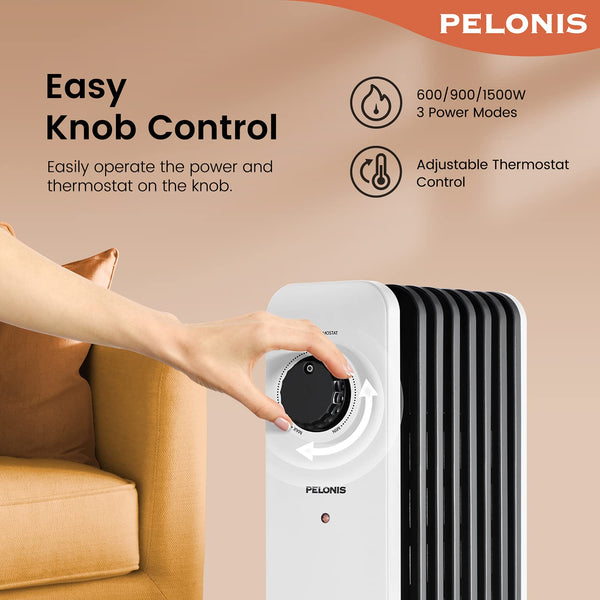 PELONIS Electric Radiator with Adjustable Thermostat and 3 Heat Settings, Oil Filled Heater with Overheat Protection (2500W, Knob Control)