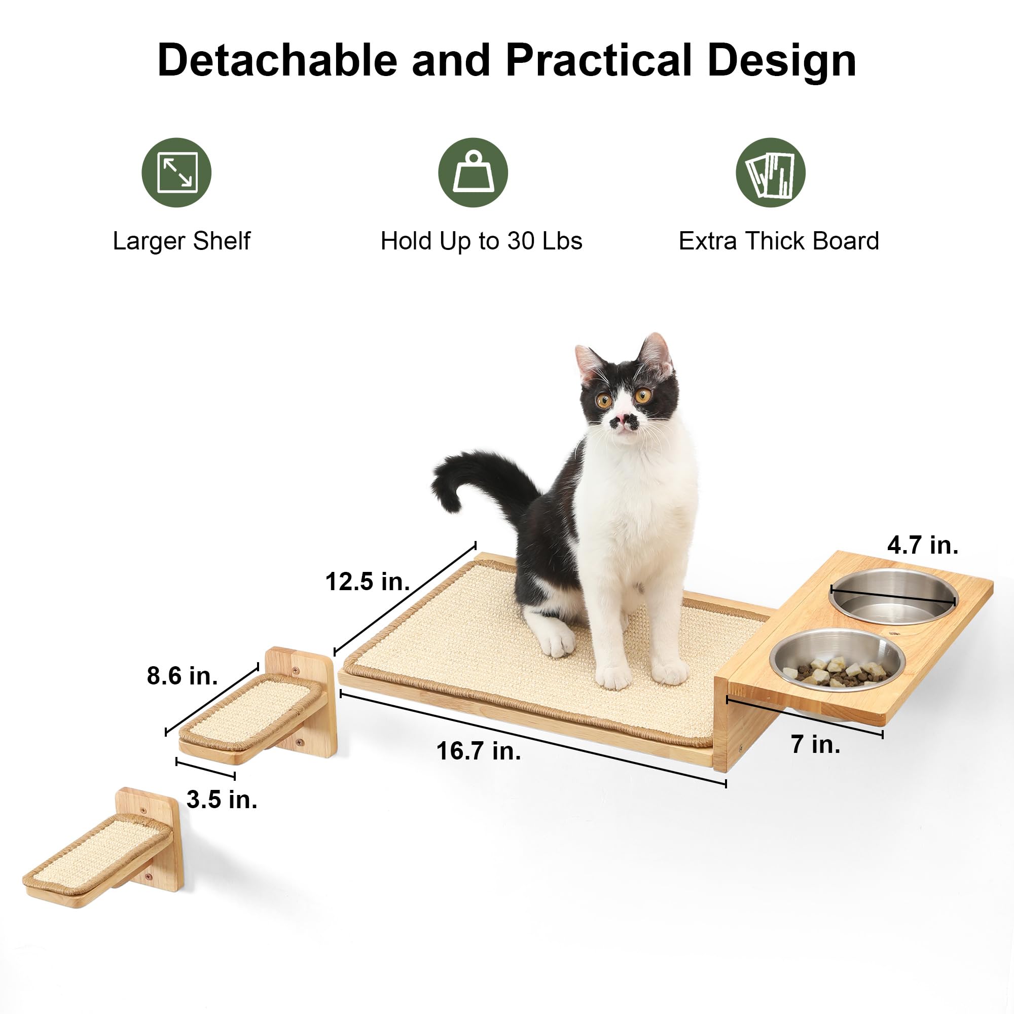 FUKUMARU Cat Wall Shelves, 3 in 1 Cat Wall Furniture Set, Cat Food Station with 2 Wall Steps, Solid Rubber Wood Cat Perch, Suitable for Cats Play,