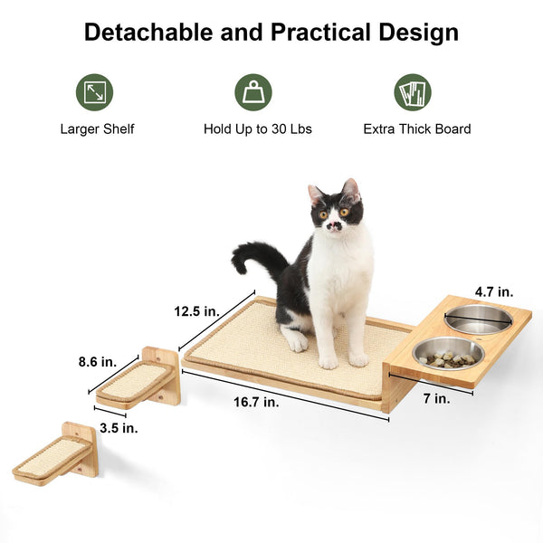 FUKUMARU Cat Wall Shelves, 3 in 1 Cat Wall Furniture Set, Cat Food Station with 2 Wall Steps, Solid Rubber Wood Cat Perch, Suitable for Cats Play,
