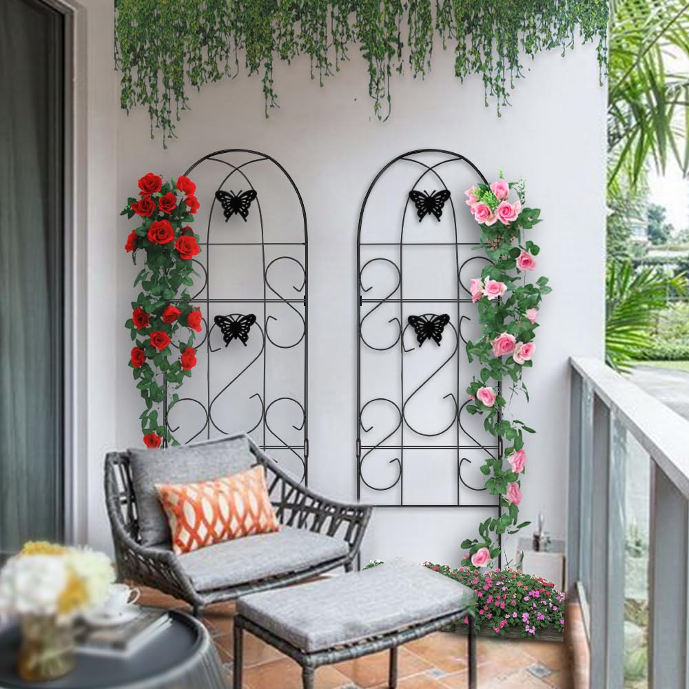 Amagabeli 152x46cm Rustproof Black Iron Butterfly Garden Trellis for Climbing Plants Potted Vines Vegetables Flowers Patio Metal Wire Lattices Grid