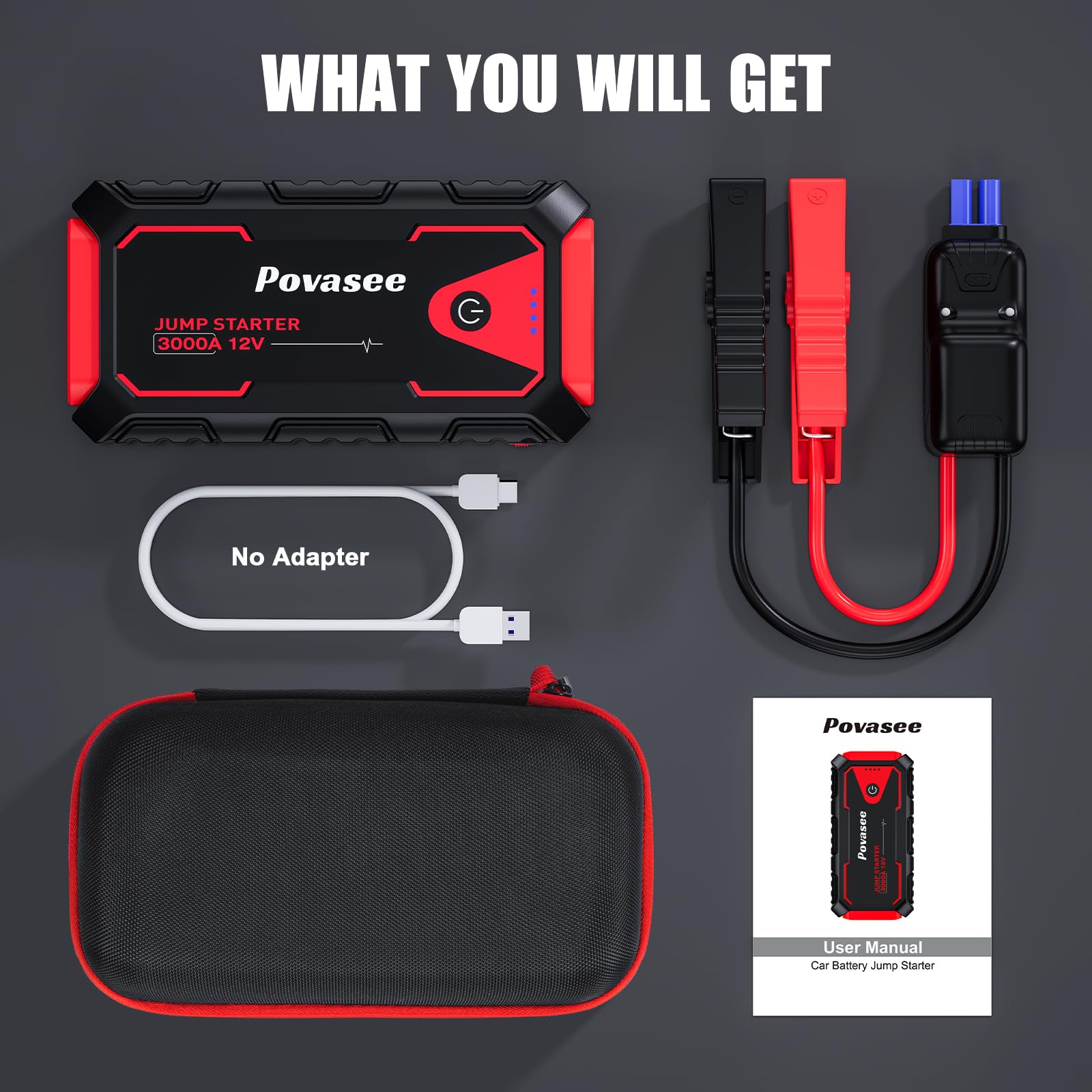 Povasee Jump Starter Power Pack, 3000A Car Battery Booster Jump Starter for 12V Vehicle, Car Jump Starter Power Bank with LED, 2 Quick Charge USB Outputs, Jump Pack with Jump Leads (10L Gas/8L Diesel)