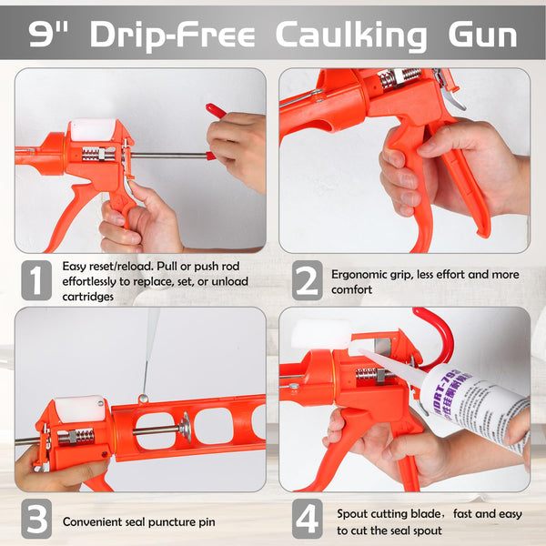 iLitLuk Drip-Free Caulking Gun Ratchet Rod Caulk Gun Applicator 15:1 Thrust Ratio Labor-Saving Lightweight Nylon Frame Cartridge Gun for 10oz/300ml Standard Caulk Tubes with Silicone Finishing Tools