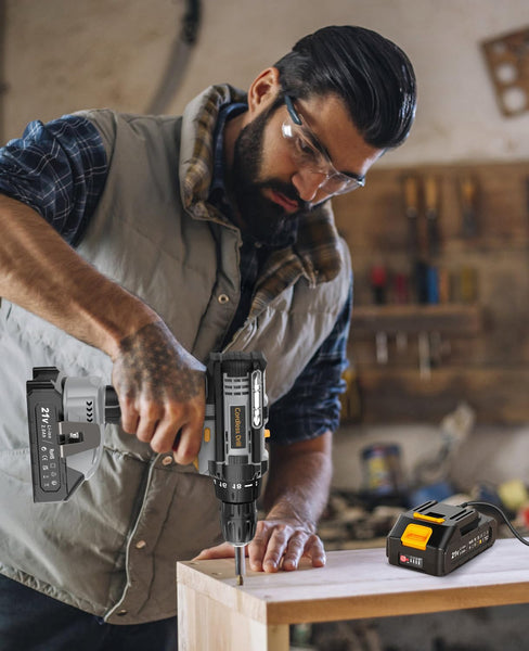 LEEIKOO Cordless Drill, 21V Electric Drill 42N.m with 2.0Ah Battery, Combi Set 10mm Chuck, 2 Speeds, 18+1 Torque, LED Light, 20pcs Drill Set for Garden DIY Project, Grey