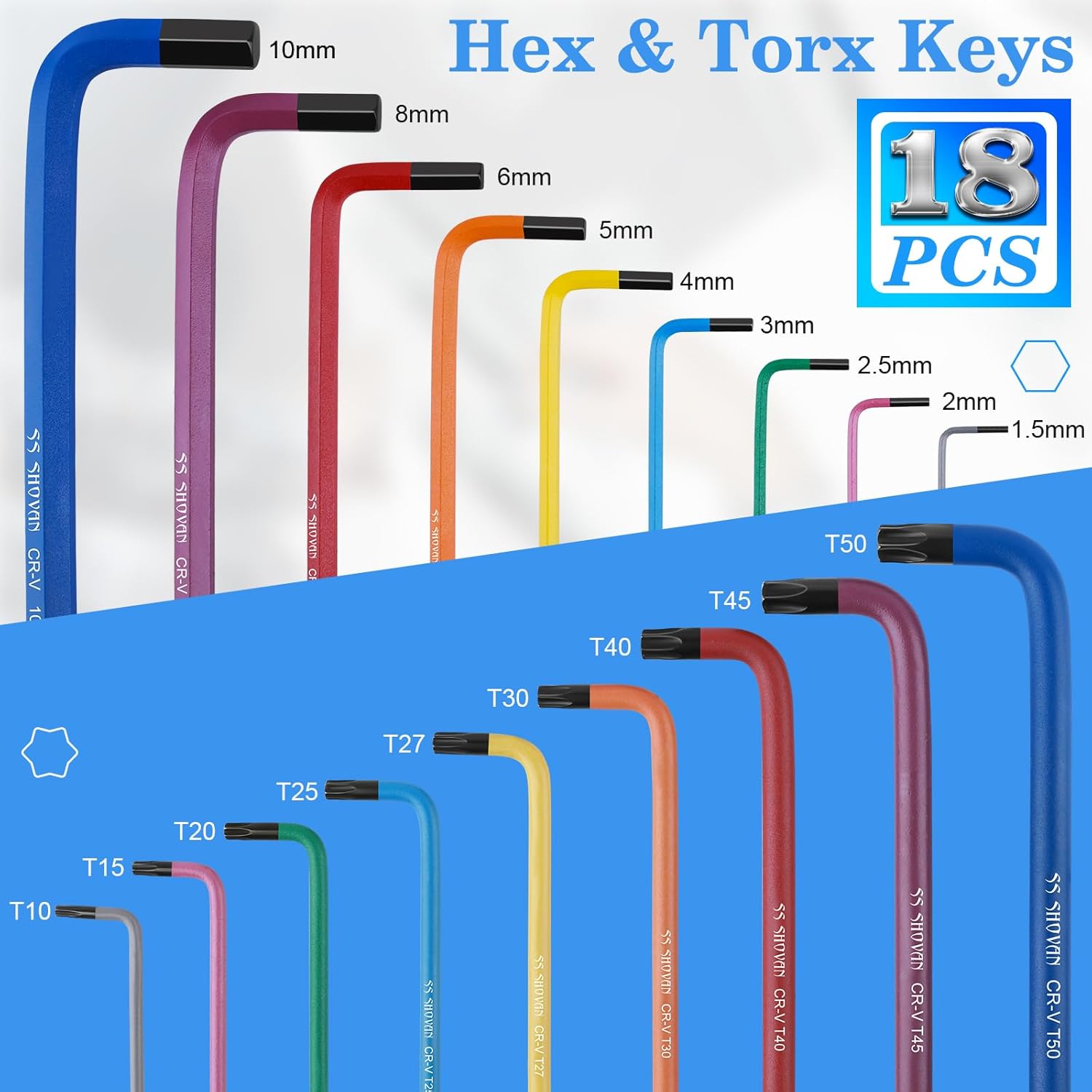 ss shovan 18PCS Allen Key Set, Metric Ball End Hex Key Set and Torx/Star Key Set (with T-Handle), Sizes 1.5mm-10mm & T10-T50, Alan Keys Sets for Furniture Assembly, Household DIY, Bike Repair