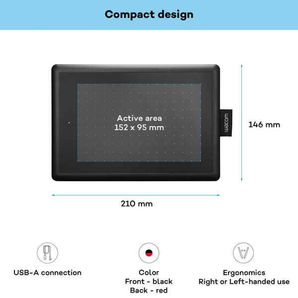 One by Wacom Small – Drawing Tablet with Pen, Stylus Battery-free & Pressure-sensitive, Compatible with Windows & Mac, Perfect Tablet for Drawing, Graphics, Remote Working or Home Schooling, Black