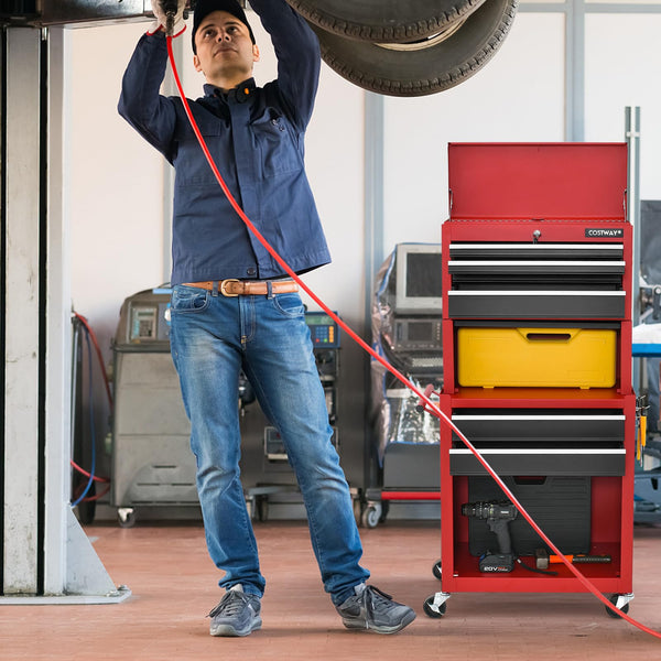 COSTWAY Large Rolling Tool Cabinet, 2-in-1 Detachable Metal Tool Chest with Drawers, Wheel, Handle, Hooks & Pegboard, Lockable Tool Box Trolley for Garage Workshop (with Middle Compartment, Black)