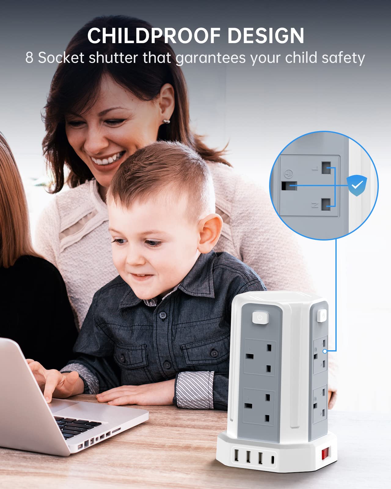 Tower Extension Lead, (3250W 13A) Extension Tower 8 AC Outlets & 4 USB Ports, Surge Protection Extension Lead with 4 Independent Switch, 17W USB C Ports Extension Cable 3M for Office, Home, Kitchen
