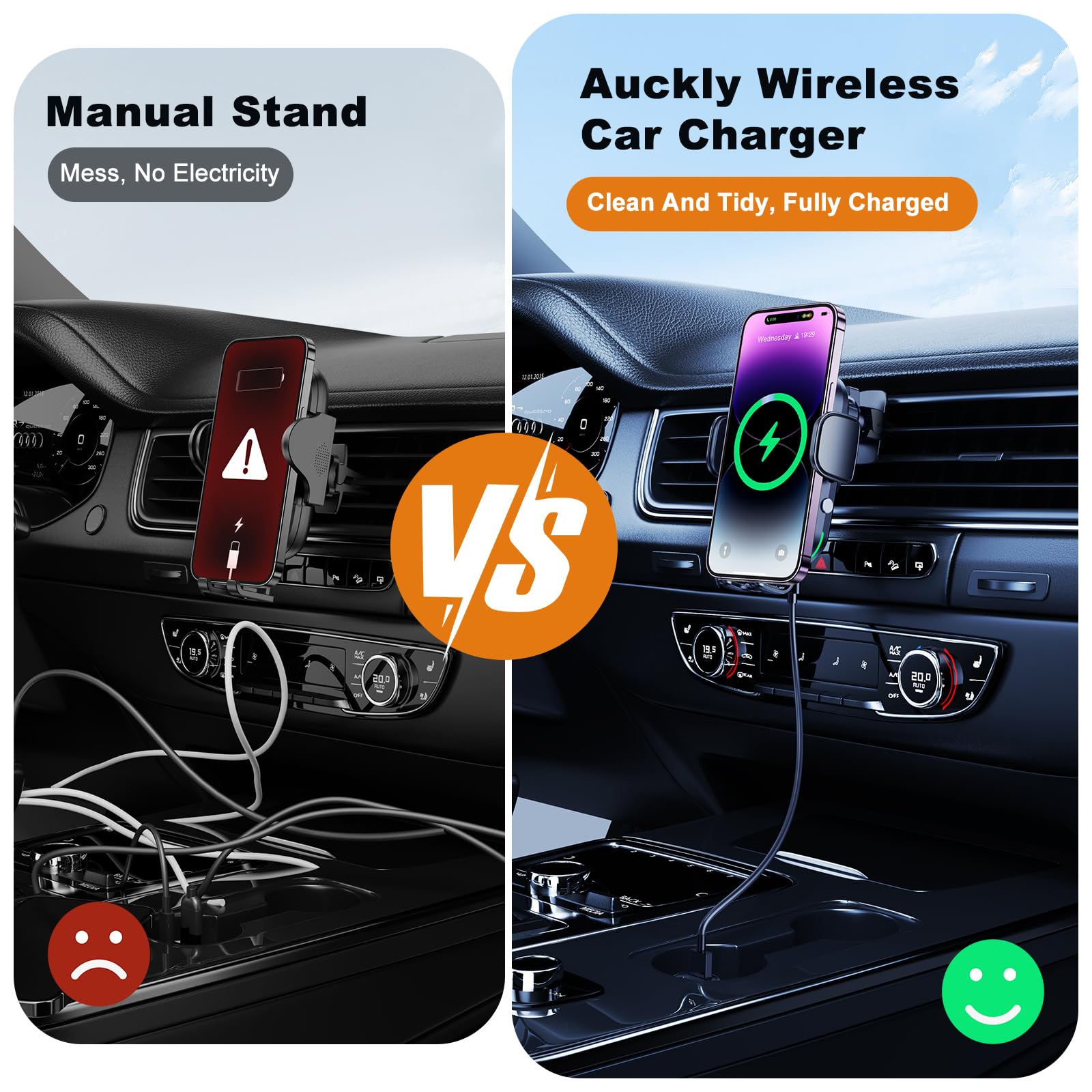 Auckly Qi 15W Car Phone Holder Wireless Charger, [270 ° Automatic Clamping], Wireless Car Charger Mount, Air Vent, for iPhone 11 12 13 14 15 16 Series & Samsung, Electromagnetic Induction, Black