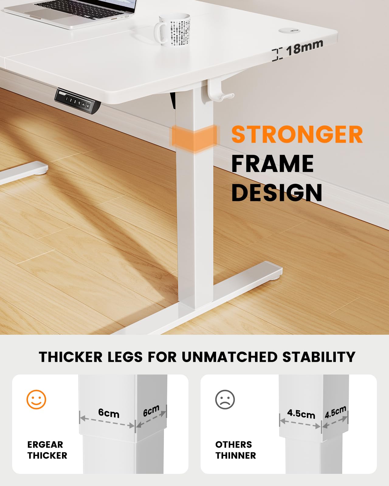 ErGear Electric Standing Desk-160 x 80 cm-100kg Load Capacity Height Adjustable Desk with Advanced Brushless Motor, Quiet Operation, Sturdy Metal Frame,Four-part Tabletop