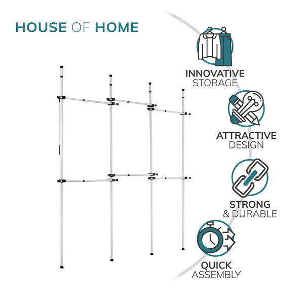 House of Home Heavy Duty Triple Telescopic Clothes Rail - Rail Wardrobe Replacement Adjustable Shelving Rack Clothes Storage & Organiser for Shirts,