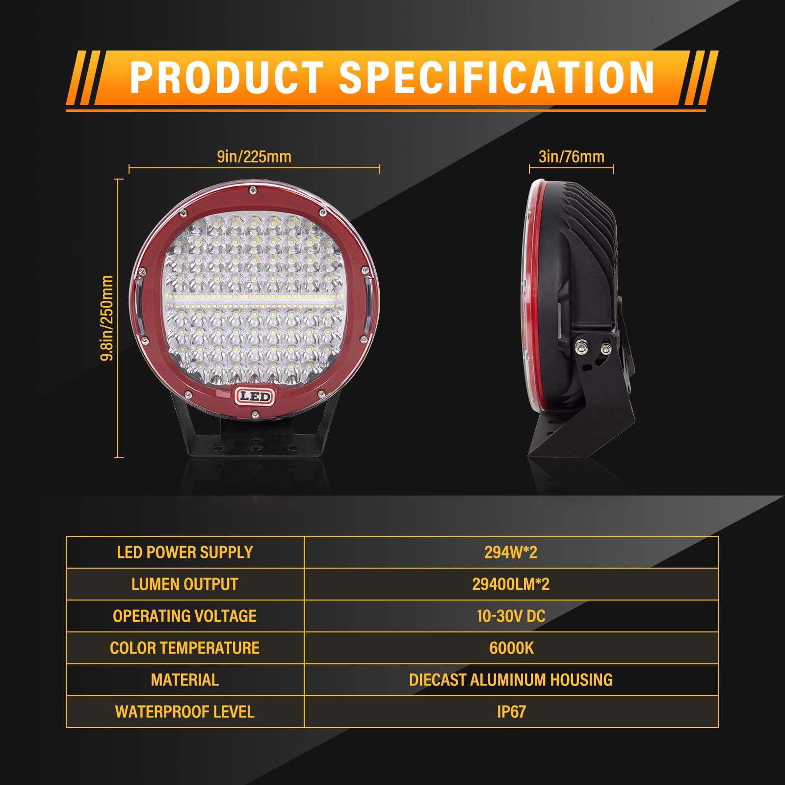 RIGIDON 2 Pcs Black Case Round Led Work Light, 9 inch 294W Spot Beam, 12V 24V Driving Lights Lamp Headlight for Car Off road Boat Truck 4x4 SUV ATV Tractors Excavator, 6000K White, Fog Lamp