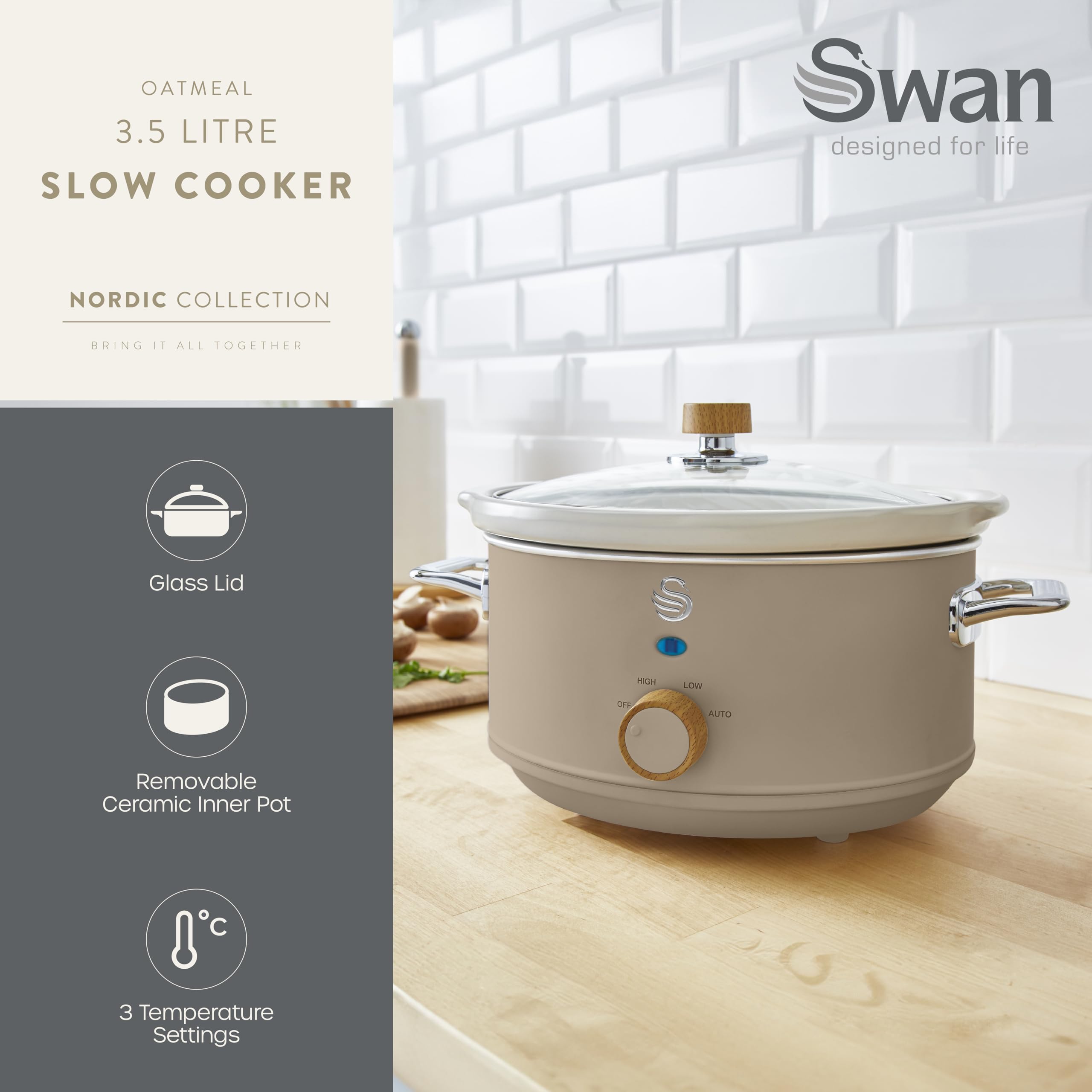 Swan SF17021GRYN Nordic Slow Cooker with 3 Temperature Settings, Keep Warm Function, 3.5L, 200W, Matte Grey