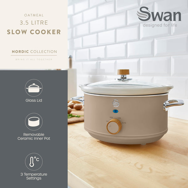 Swan SF17021GRYN Nordic Slow Cooker with 3 Temperature Settings, Keep Warm Function, 3.5L, 200W, Matte Grey