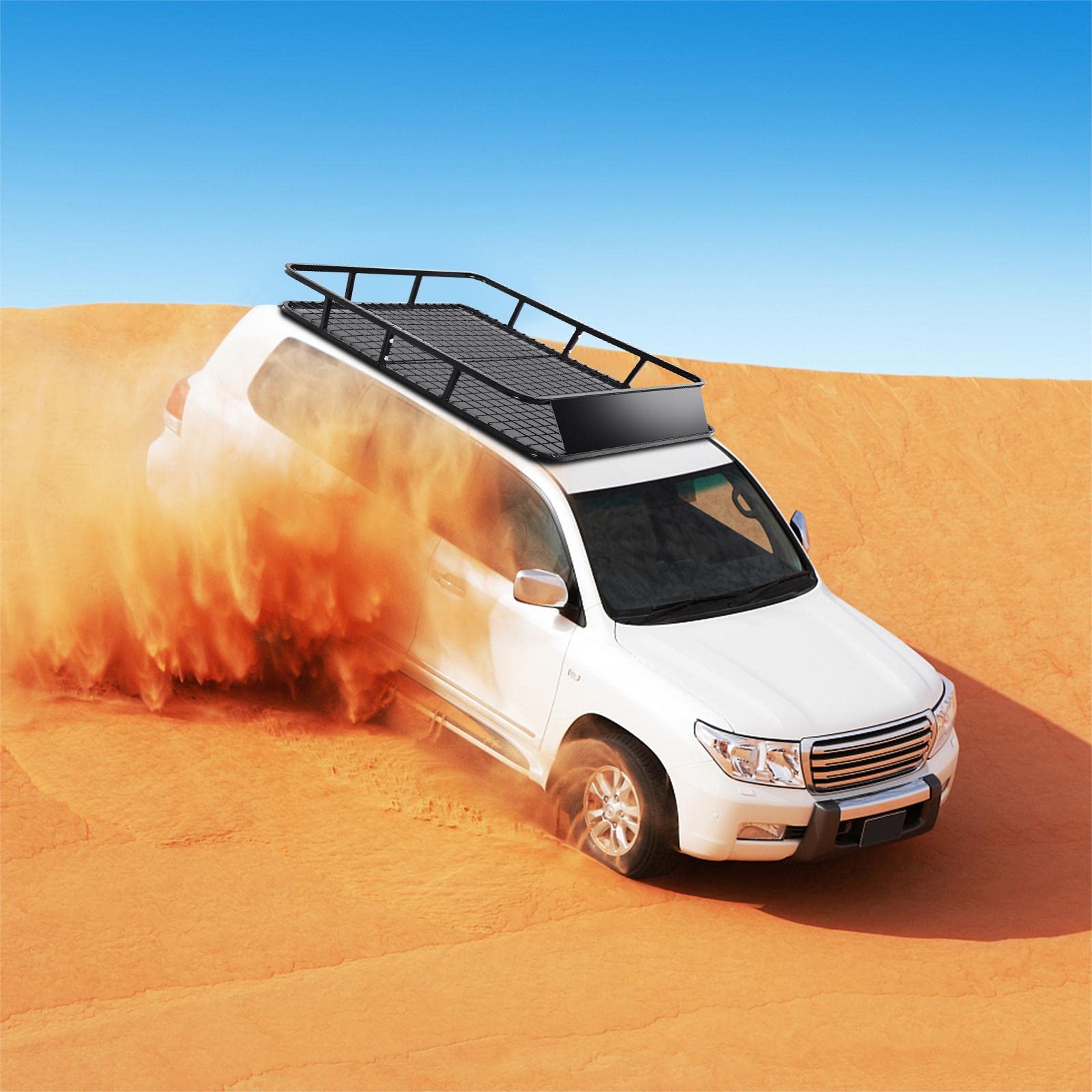 Roof Rack Basket Tray, Steel Luggage Cargo Carrier with Bars & Wind Fairing, Rooftop Luggage Holder for Car SUV Truck Jeep (116-162x99x15cm, 113kg Capacity)