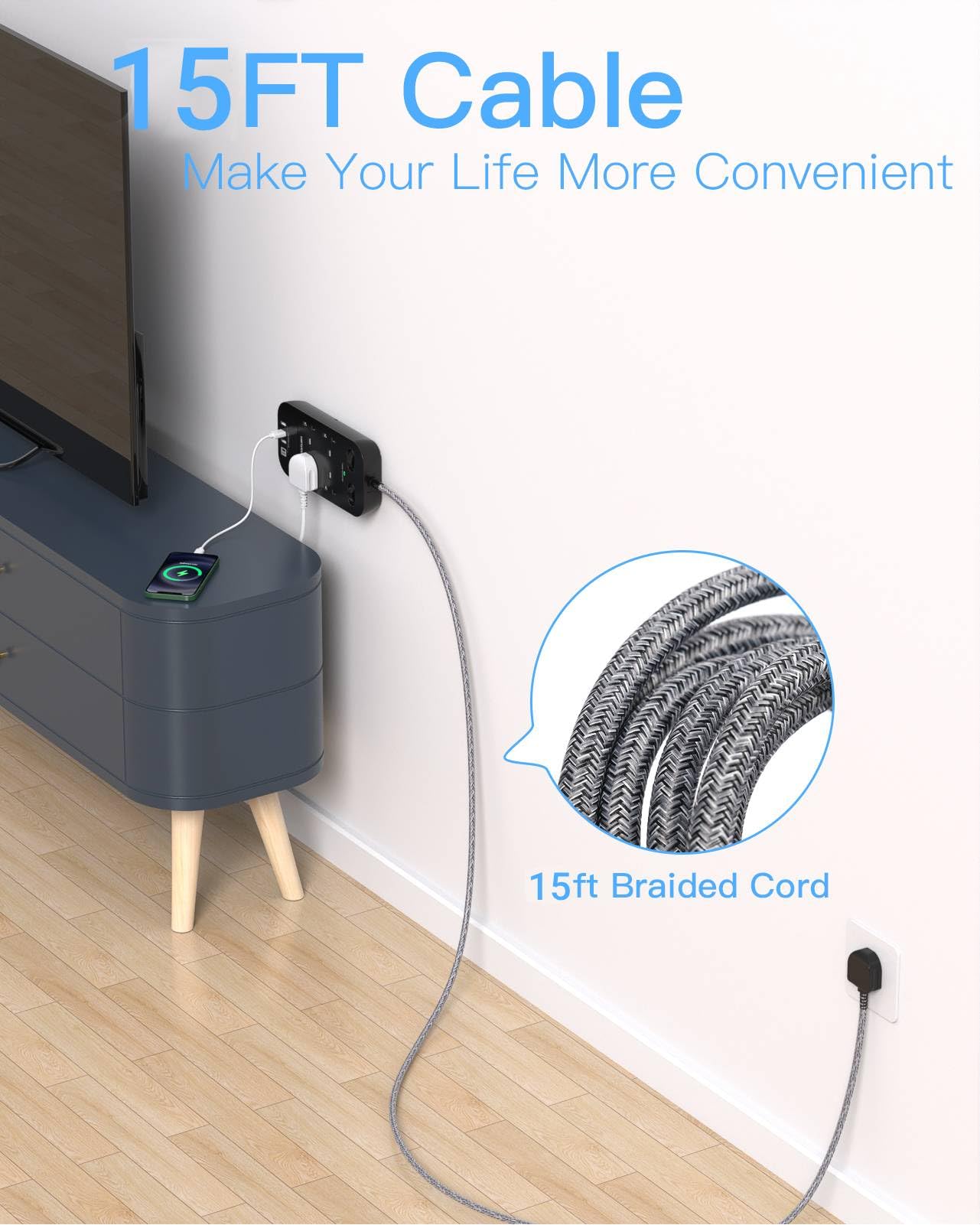 4 Way Surge Protected Extension Lead with USB Slots, HANYCONY Extension Cable with Double Switches, Plug Extension Socket 1.8M Braided Extension Cord for Home Office Accessories, Gray