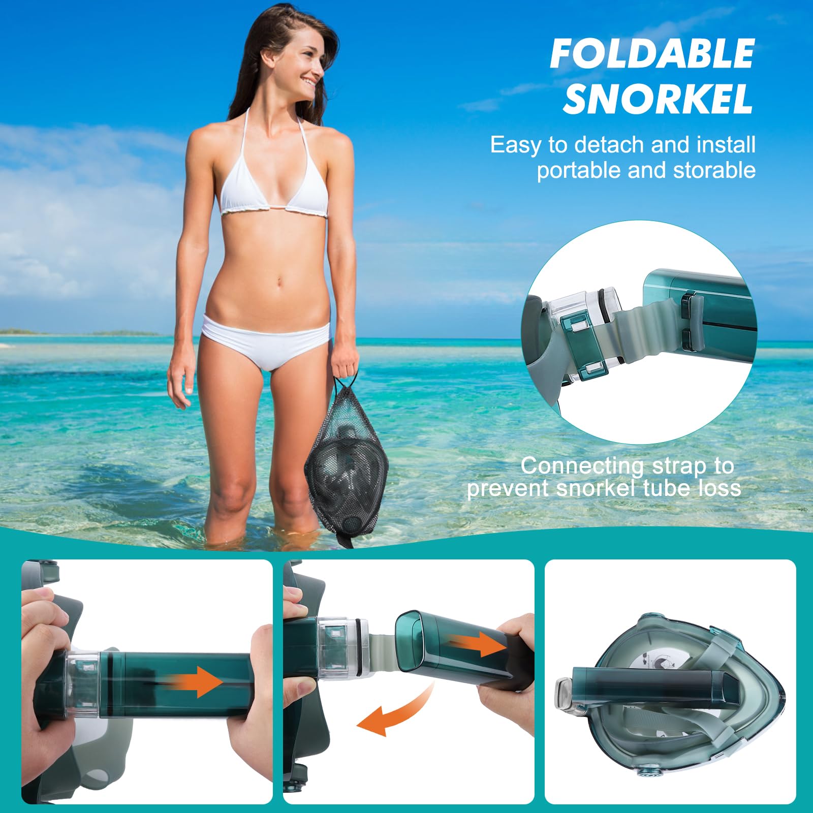 KUYOU Full Face Snorkel Mask, Snorkeling Gear for Adults Teens with Latest Dry Top Breathing System, Foldable 180°Panoramic View Snorkeling Mask Adult, Anti-Fog & Anti-Leak