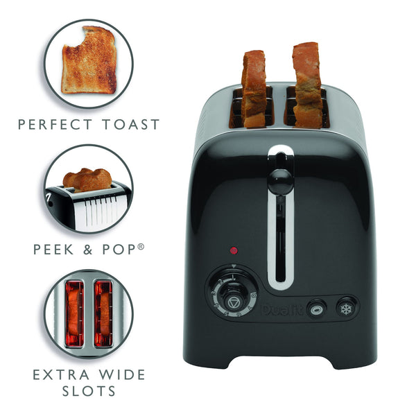 Dualit 2 Slice Lite Toaster | 1.1kW Toasts 60 Slices an Hour | Polished with High Gloss Black Trim | Bagel & Defrost Settings | 36 mm Wide Slots |