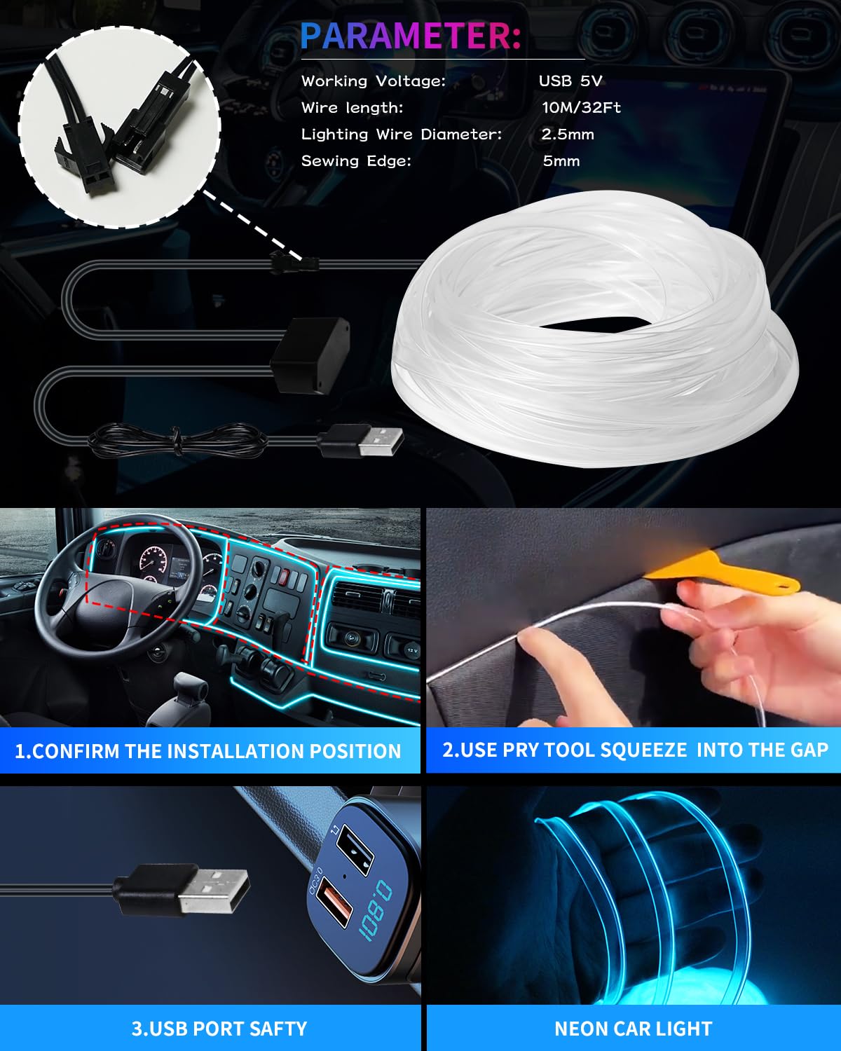 Keiurot El Wire Car Lights Neon Light for Car USB Ice Blue 10M/32Ft Car Ambient Lighting Atmosphere Car Led Interior Strip Light Sewing Edge Decoration Dashboard Lights Strip LED Trim Light