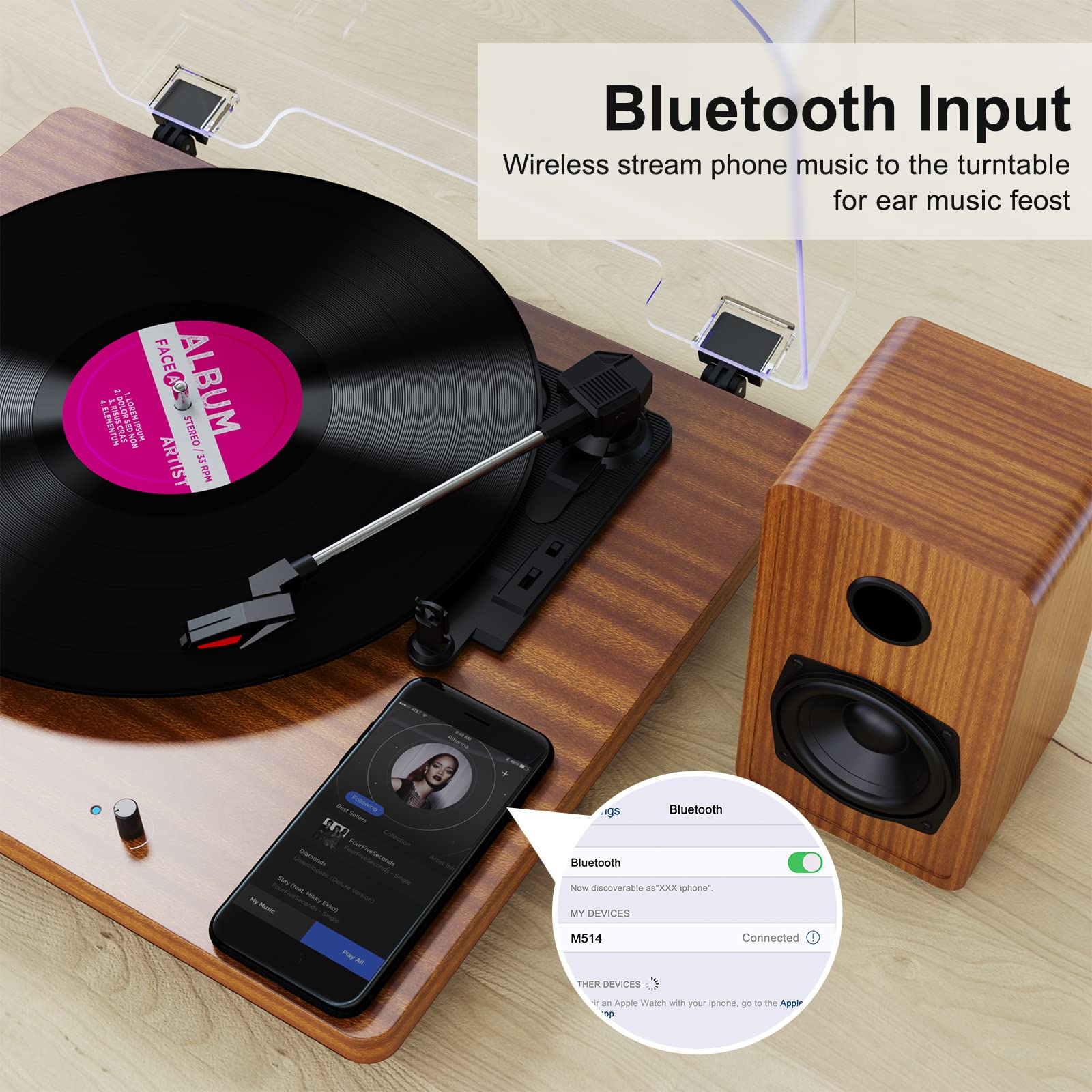 Retro Vinyl Record Player Bluetooth Desktop Phonograph Belt-Drive Turntable with External Speakers,Dual Stereo Speakers LP Players AUX Headphone Input RCA Out, 3 Speeds 3 Sizes Wood Brown