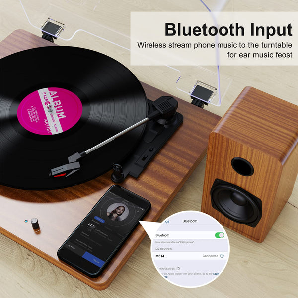 Retro Vinyl Record Player Bluetooth Desktop Phonograph Belt-Drive Turntable with External Speakers,Dual Stereo Speakers LP Players AUX Headphone Input RCA Out, 3 Speeds 3 Sizes Wood Brown