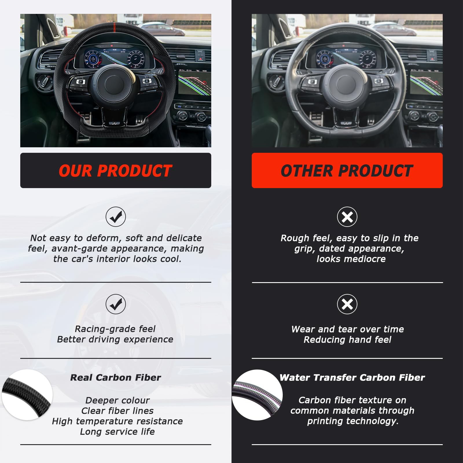 Acclcors Carbon Fiber Steering Wheel, D-Shaped Flat-Bottomed Steering Wheel with Red Stitching, Perforated Leather Grip for VW Volkswagen Golf MK6 2008-2014