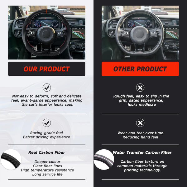 Acclcors Carbon Fiber Steering Wheel, D-Shaped Flat-Bottomed Steering Wheel with Red Stitching, Perforated Leather Grip for VW Volkswagen Golf MK6 2008-2014