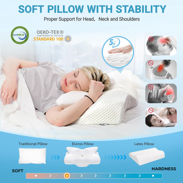Elviros Cervical Memory Foam Pillow for Neck Pain Orthopedic Neck Pillow for Shoulder Pain Ergonomic Head Neck Support Pillow for Side/Back/Stomach