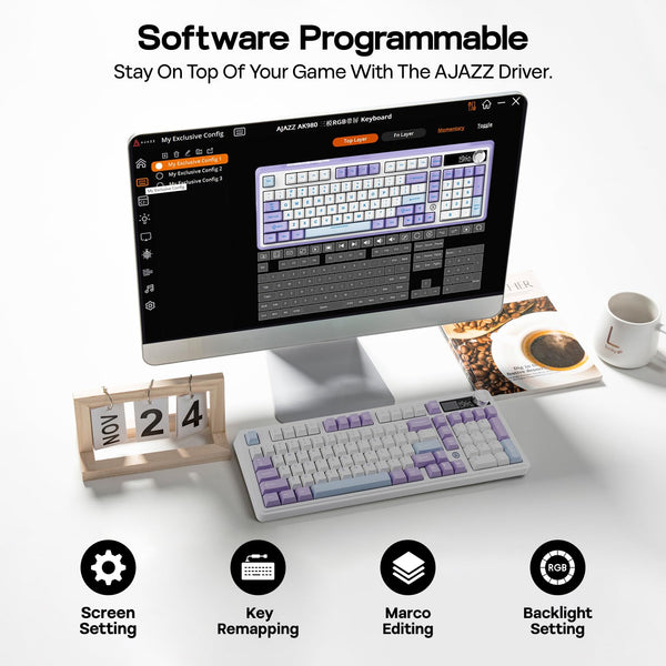 MechLands AK980 98% Mechanical Keyboard, BT5.0/USB-C/2.4GHz Wireless Gaming Keyboard, Hot Swappable Creamy Custom Keyboard with 1.14" TFT Screen, Knob, RGB for Win/Mac (White, Gift V2 Switch)