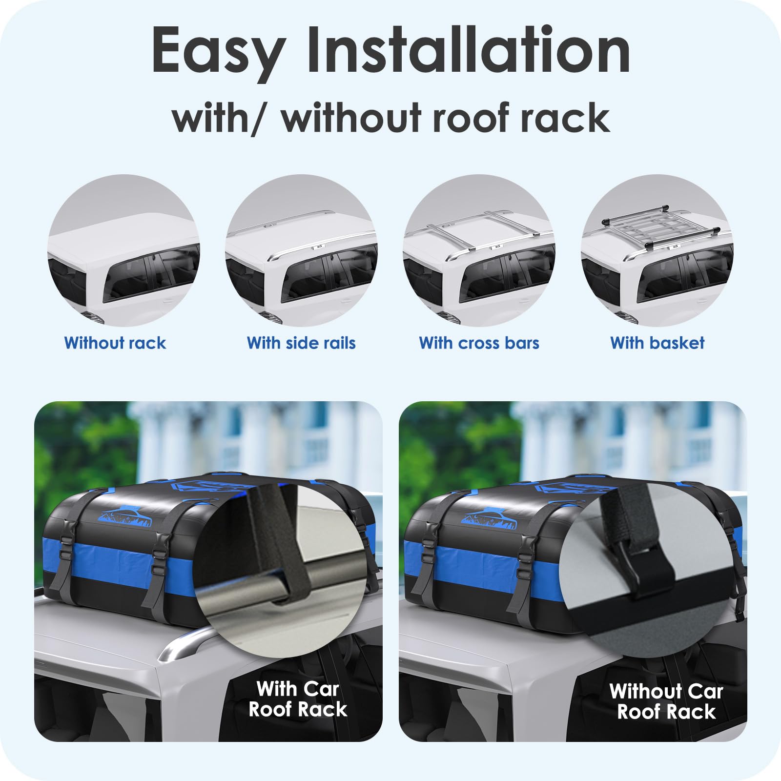 Rymopuey Roof Bag 15 Cubic/425 L, Waterproof Car Roof Bag No Rack Needed, Roof Box with Anti-Slip Mat and 6 Heavy-Duty Straps, Folding Soft Car Roof Box for Cars with/Without Rack (Blue 425 L)