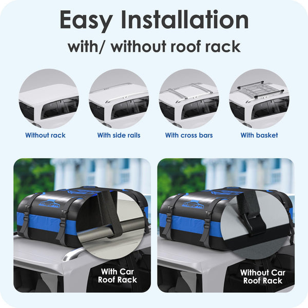 Rymopuey Roof Bag 15 Cubic/425 L, Waterproof Car Roof Bag No Rack Needed, Roof Box with Anti-Slip Mat and 6 Heavy-Duty Straps, Folding Soft Car Roof Box for Cars with/Without Rack (Blue 425 L)