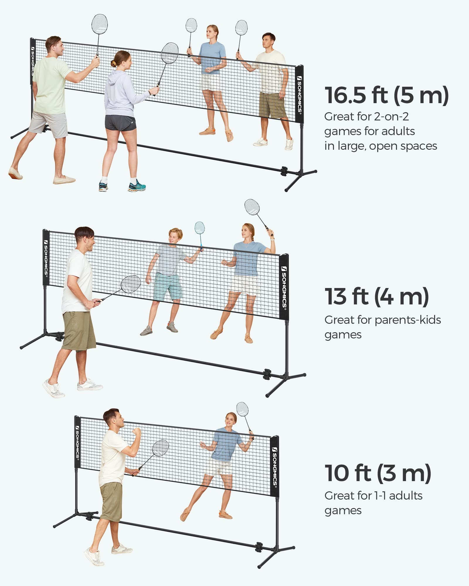 SONGMICS 3 m Badminton Net, Volleyball Net, Adjustable Poles Height, Portable Set for Tennis