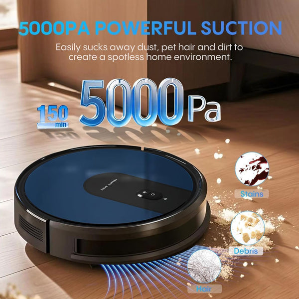 Robot Vacuum Cleaner with Mop, 4-in-1 Robotic Vacuums, 5000Pa Ultra Strong Suction, Long Running Time, Timing Function, App/WiFi for Pet Hair Hard Floor and Carpet(Striped Blue)