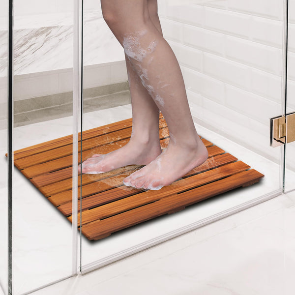 VaeFae Teak Shower Mat, Non-Slip Bath Mat, Luxury Spa Mat, Wooden Mat for Bathtub, 50.8 x 50.8 cm
