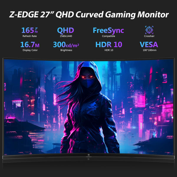Z-Edge 24 Inch Curved Gaming Monitor 180Hz 1ms MPRT, 16:9 Full HD 1080P LED Monitor, VA Panel, 300cd/m² Brightness, FreeSync, HDMI & DisplayPort - Black