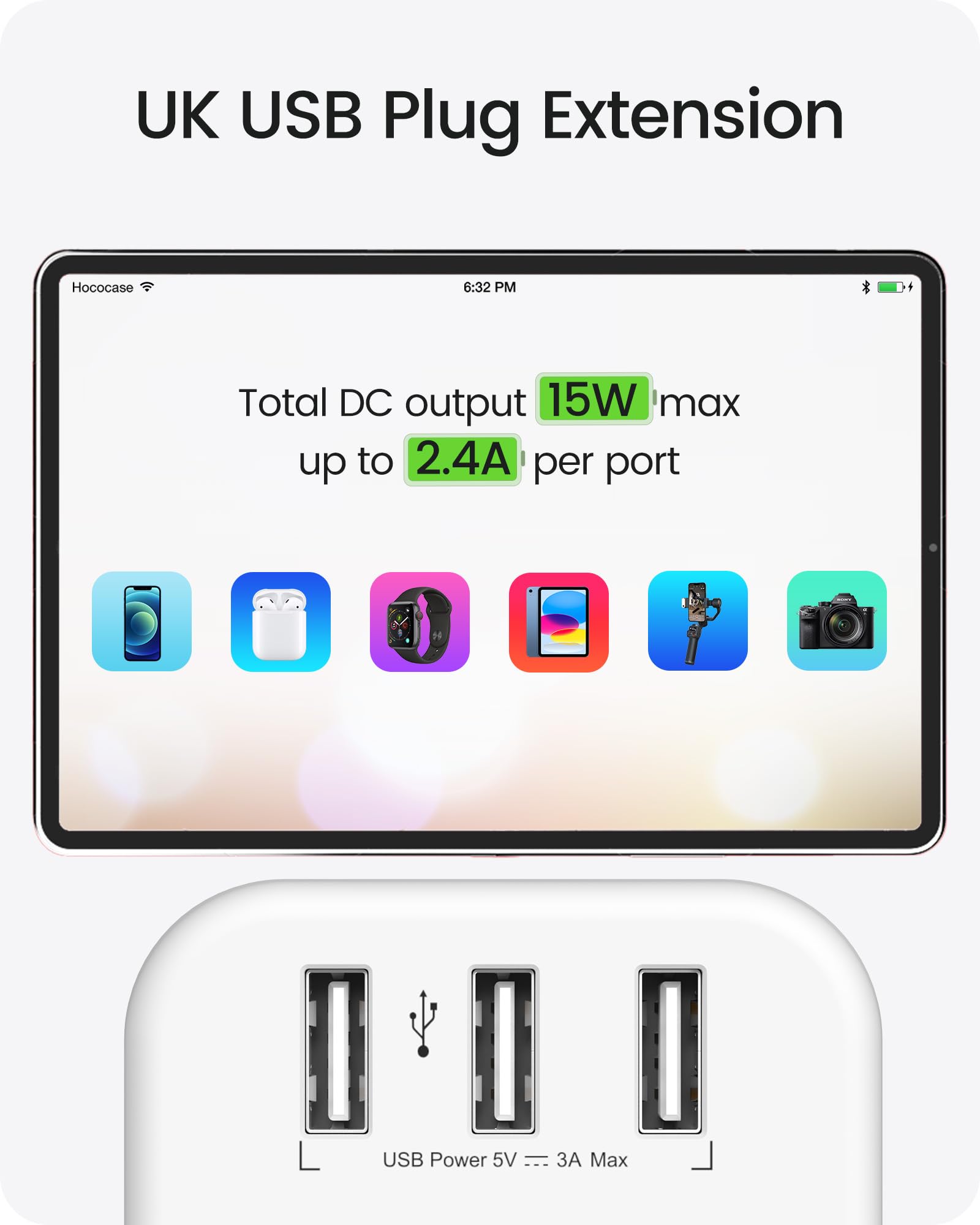 LENCENT Plug Extension Socket, 3 Way Multi Plug Socket with 3 USB Ports, Power Extender Wall Adaptor for Household Appliances, Iphone, Smartphone, Tablet, Home, Office, Bedroom, 13A 3250W