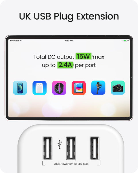 LENCENT Plug Extension Socket, 3 Way Multi Plug Socket with 3 USB Ports, Power Extender Wall Adaptor for Household Appliances, Iphone, Smartphone, Tablet, Home, Office, Bedroom, 13A 3250W